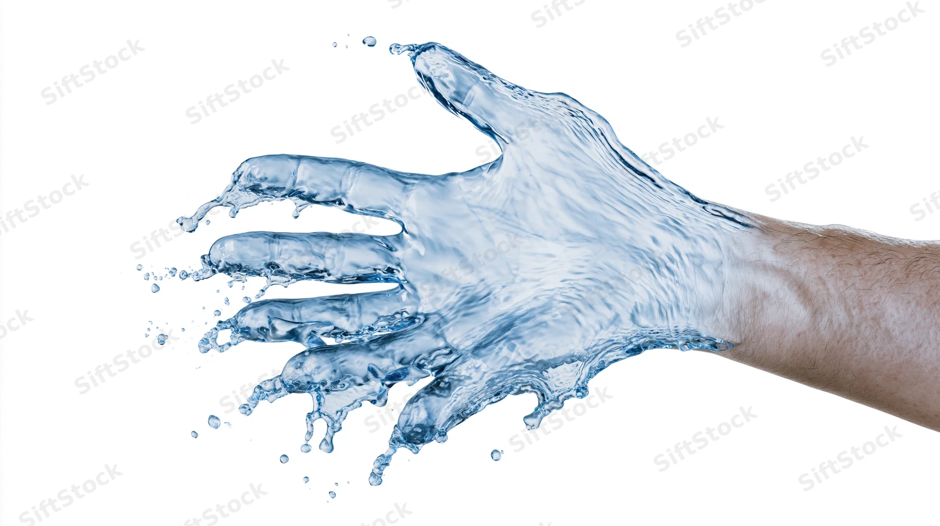 Water forming a human hand shape in mid-splash against white background