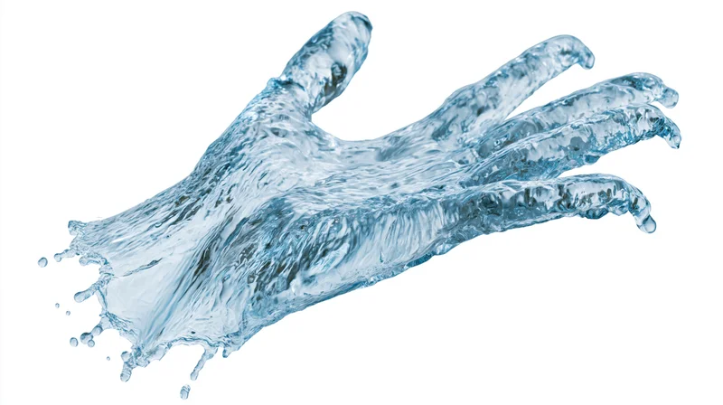 Water forming a hand shape mid-splash against white background