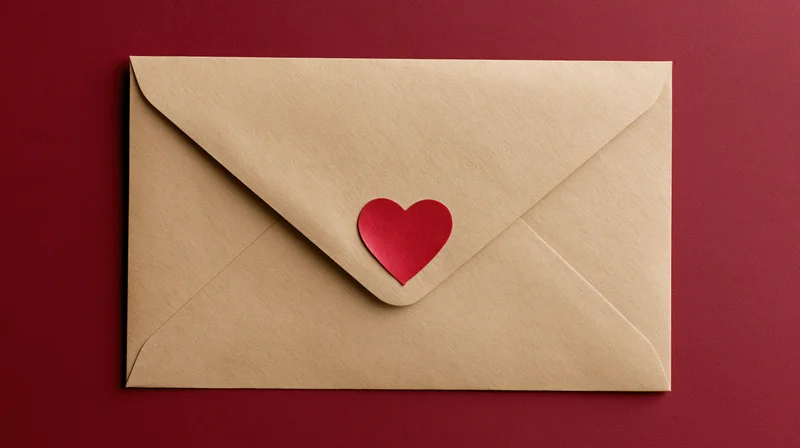 Kraft paper envelope sealed with a red heart on a red background