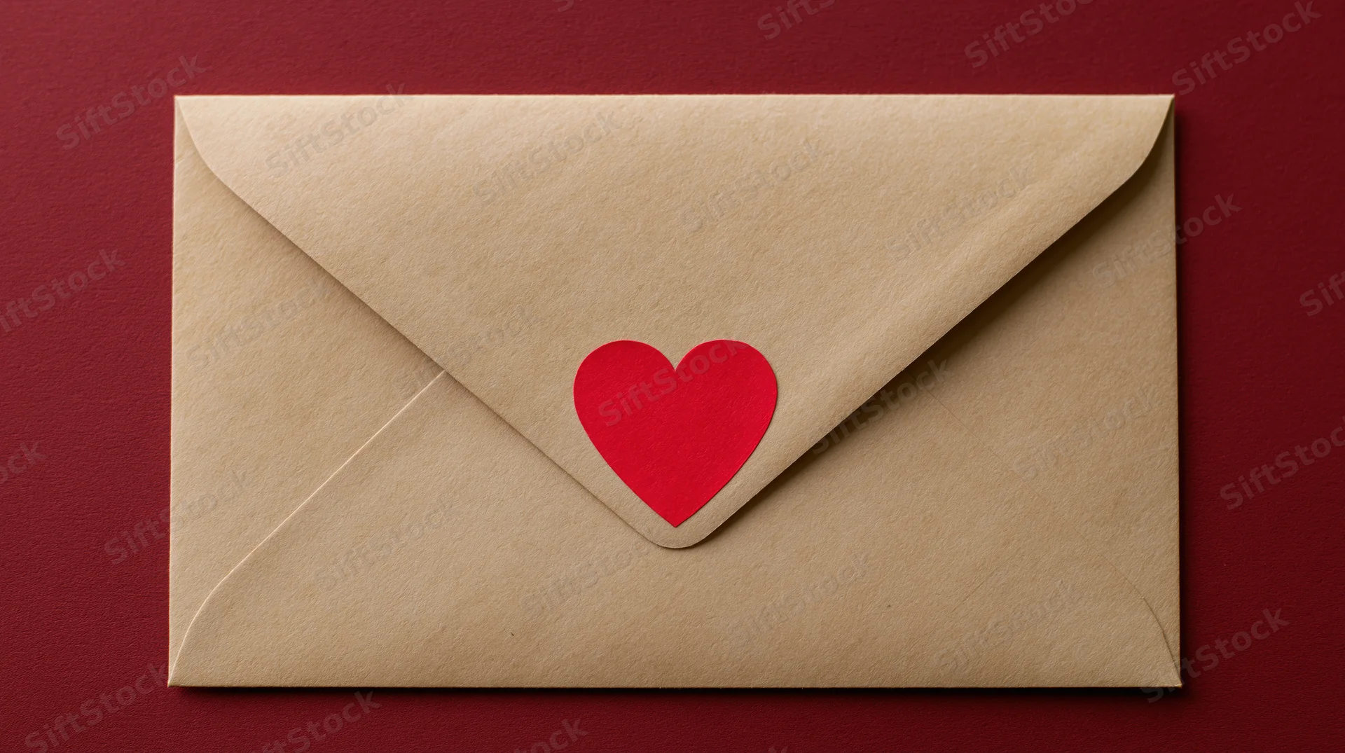 Kraft paper envelope sealed with a red heart on a burgundy background