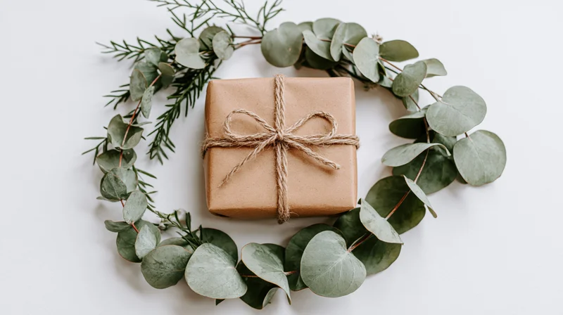 Kraft paper gift box tied with twine bow surrounded by eucalyptus wreath on white surface