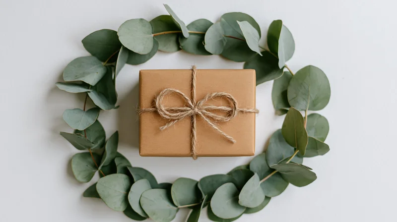Kraft paper gift box with twine bow centered in a eucalyptus wreath on white surface