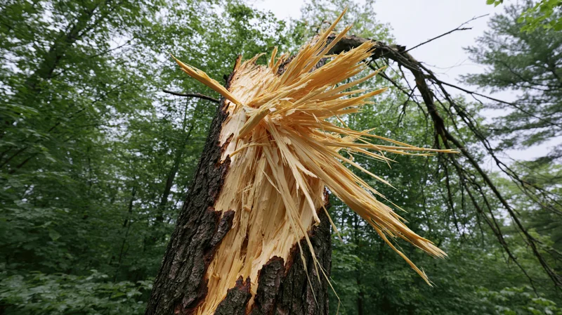 Shattered hardwood tree trunk with splintered wood in a forest after lightning strike