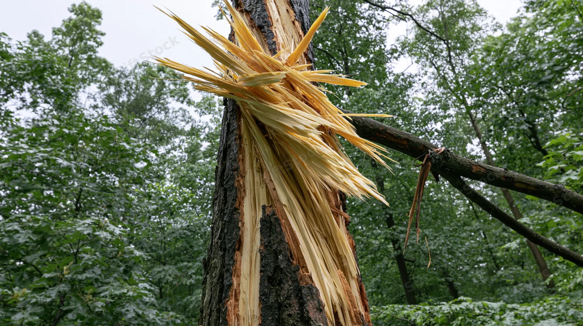 Shattered hardwood tree trunk with splintered wood in a forest after lightning strike