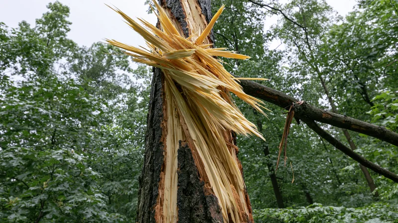Shattered hardwood tree trunk with splintered wood in a forest after lightning strike