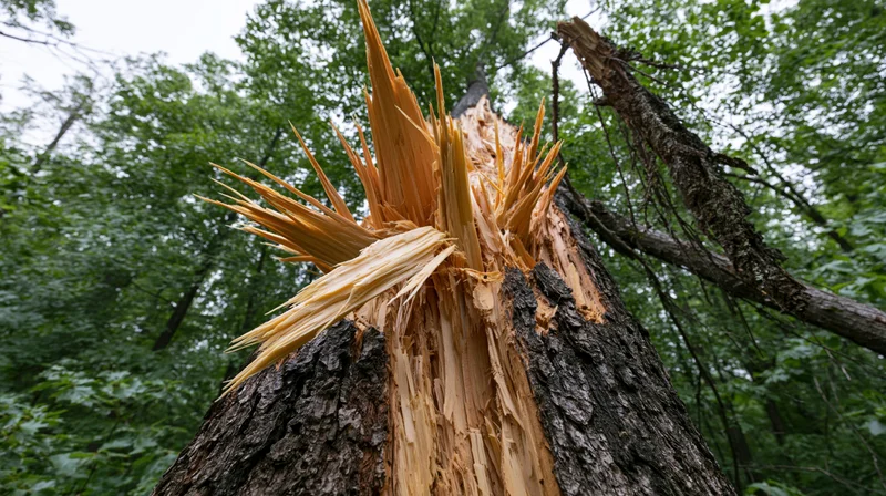 Shattered hardwood tree trunk split by lightning in a forest setting