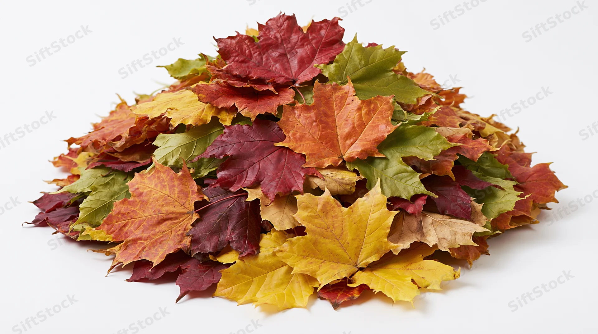 A mound of fallen autumn maple leaves in vibrant red, orange, yellow and green hues on a white background