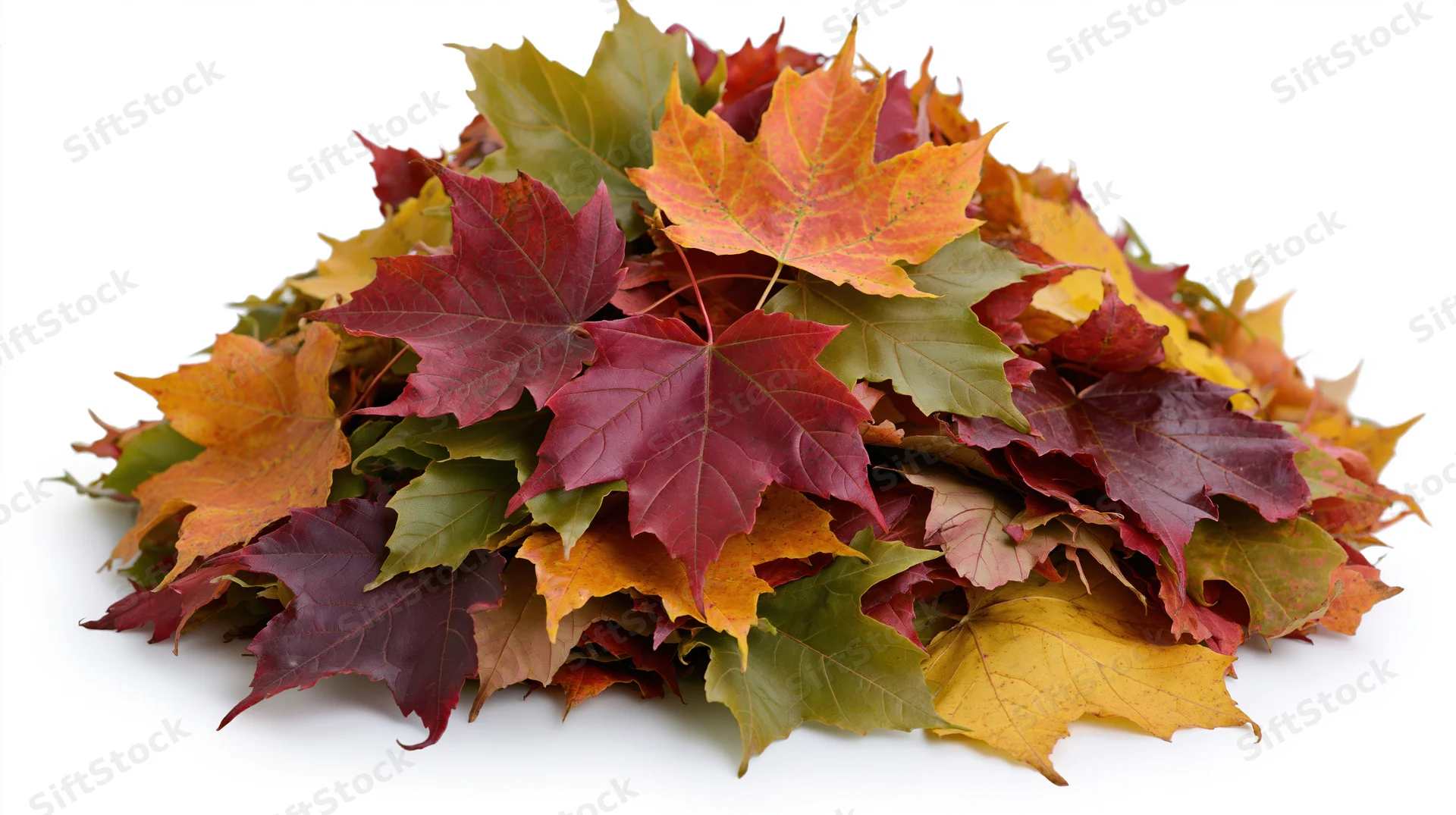 A mound of fallen maple leaves in autumn colors isolated on white