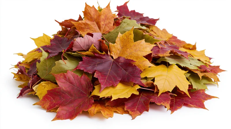 A mound of colorful fallen maple leaves heaped together on a white background