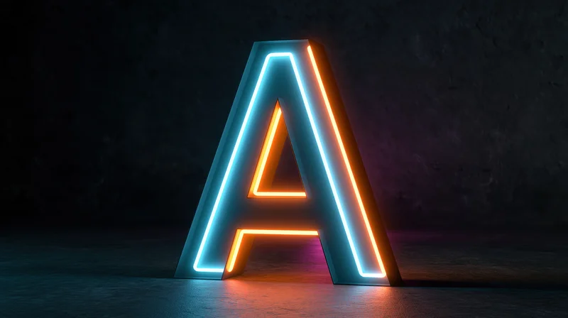 Glowing neon letter a sign standing on dark concrete floor against textured wall