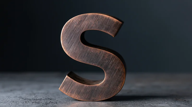 Large metallic letter s standing upright on dark surface