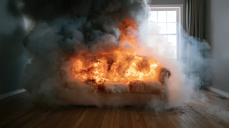 Couch engulfed in flames and smoke in a living room interior