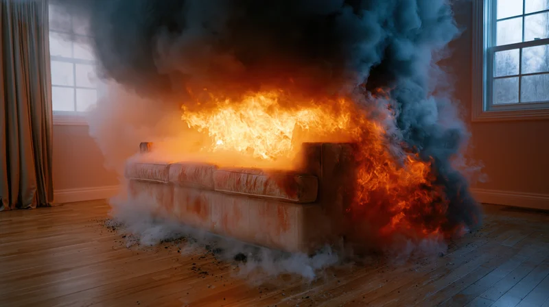 Couch engulfed in flames in a living room interior