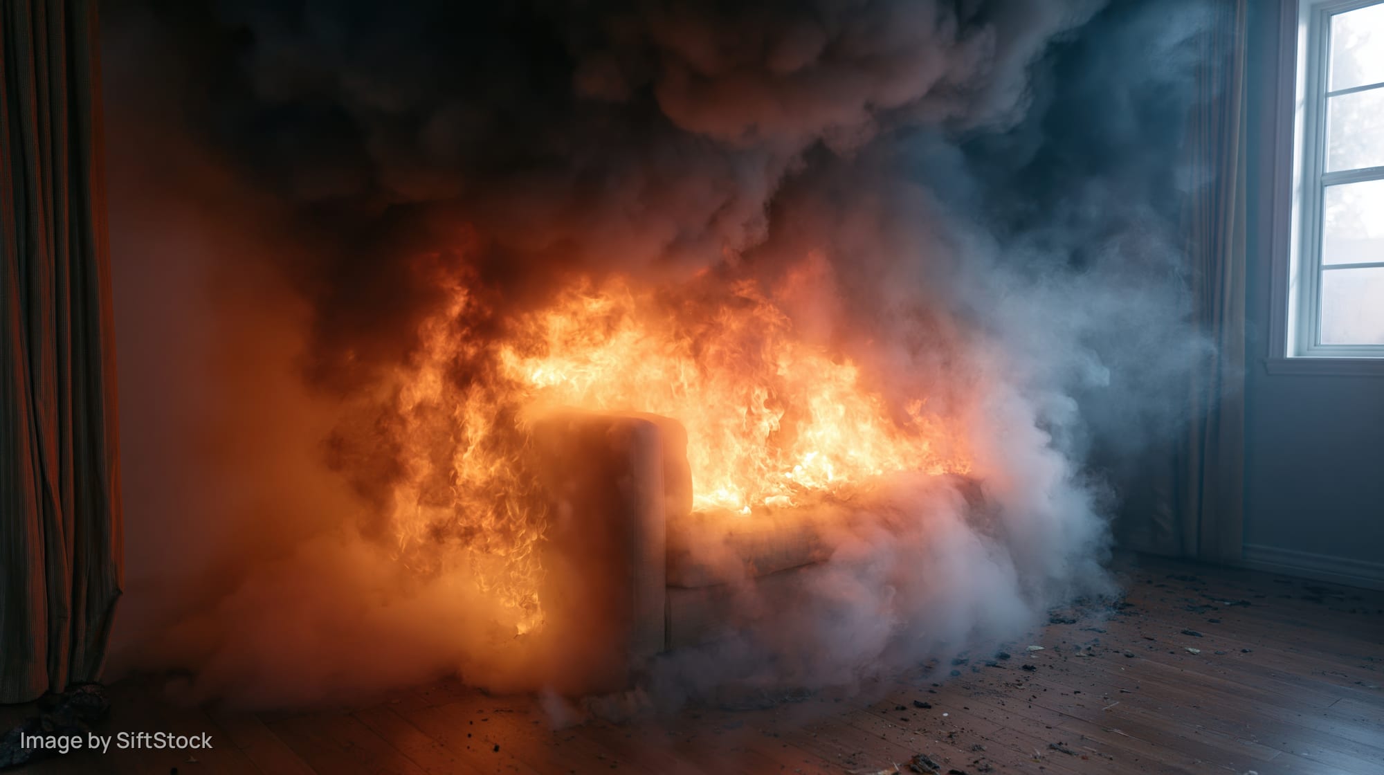Couch engulfed in flames in a living room interior