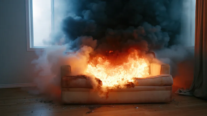 Couch engulfed in flames in a living room interior