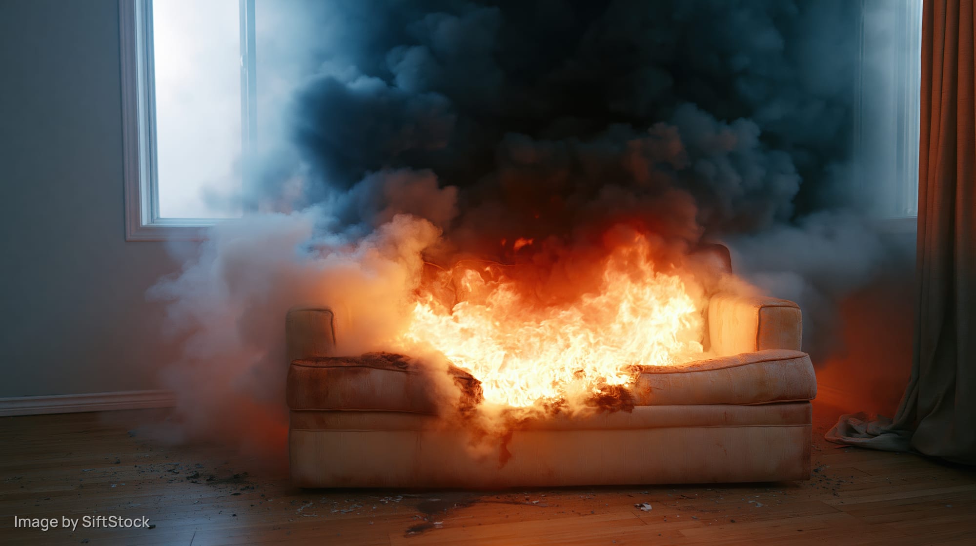 Couch engulfed in flames in a living room interior