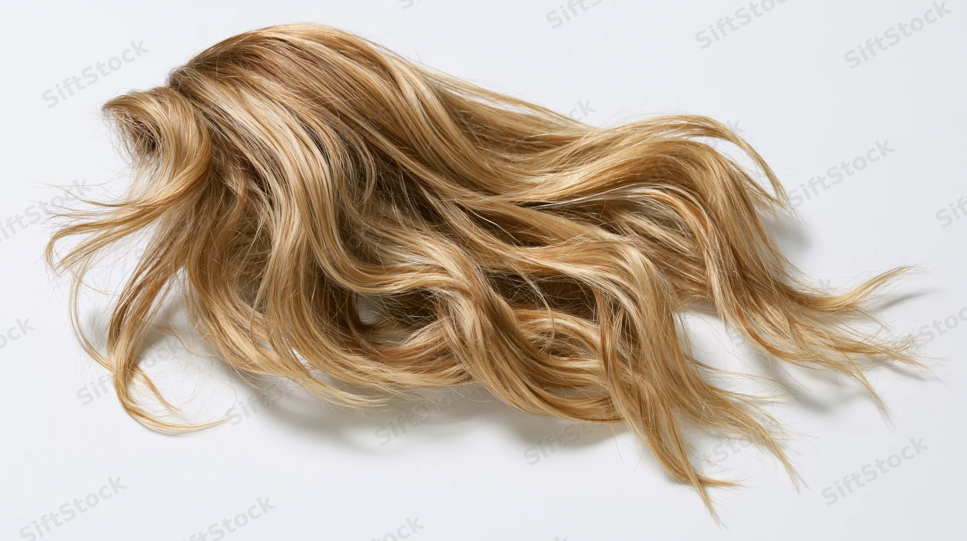 Loose clump of wavy blonde hair floating midair against white background