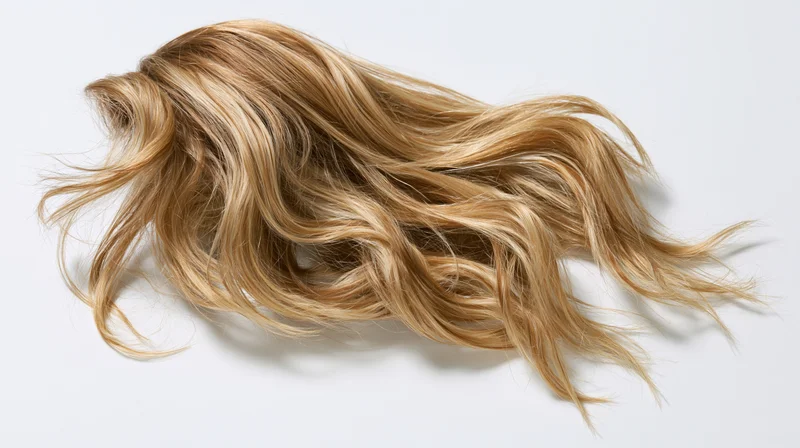 Loose clump of wavy blonde hair floating midair against white background