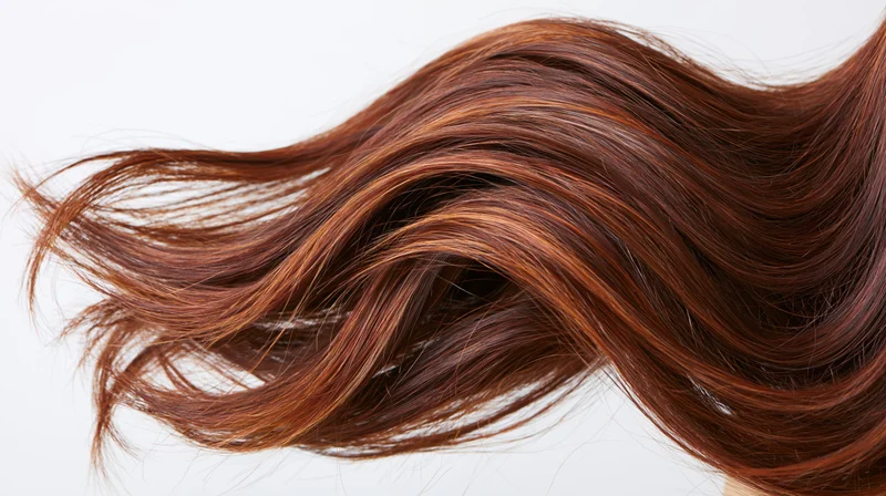 Flowing wavy brown hair in motion against white background