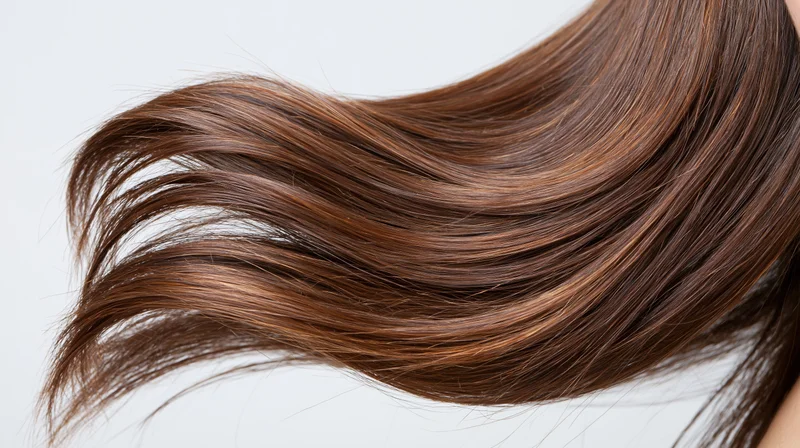 Flowing wave of long dark brown hair in motion against white background