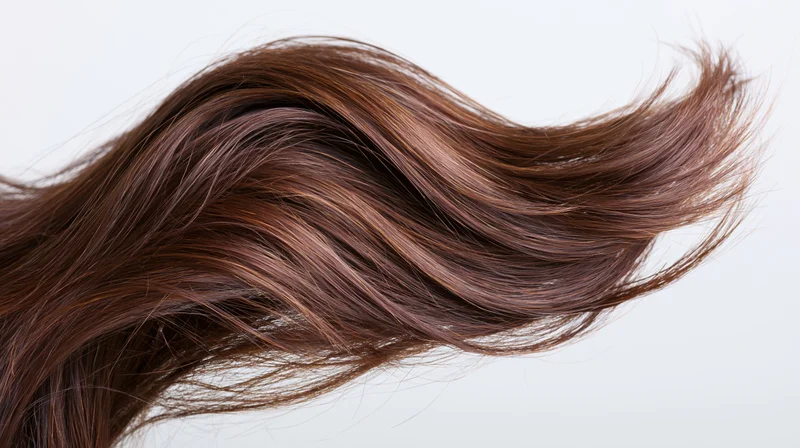 Flowing wave of long dark brown hair mid-motion against white background