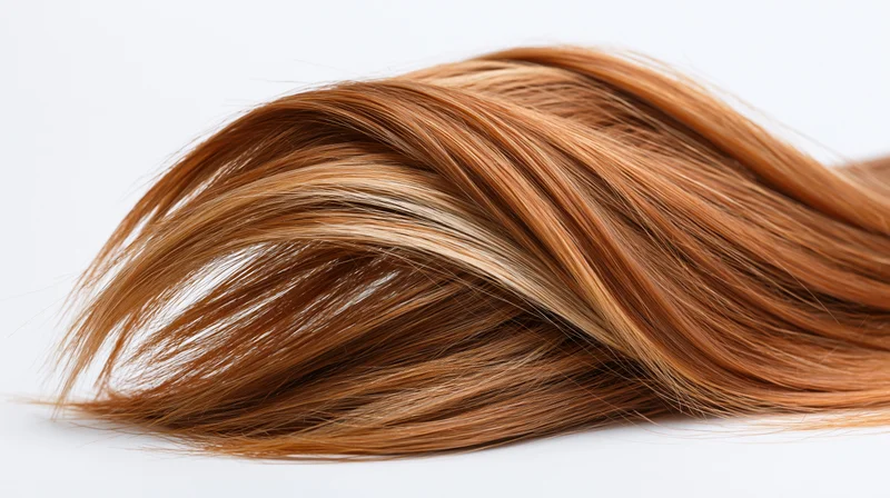 Auburn hair lock flowing on white background