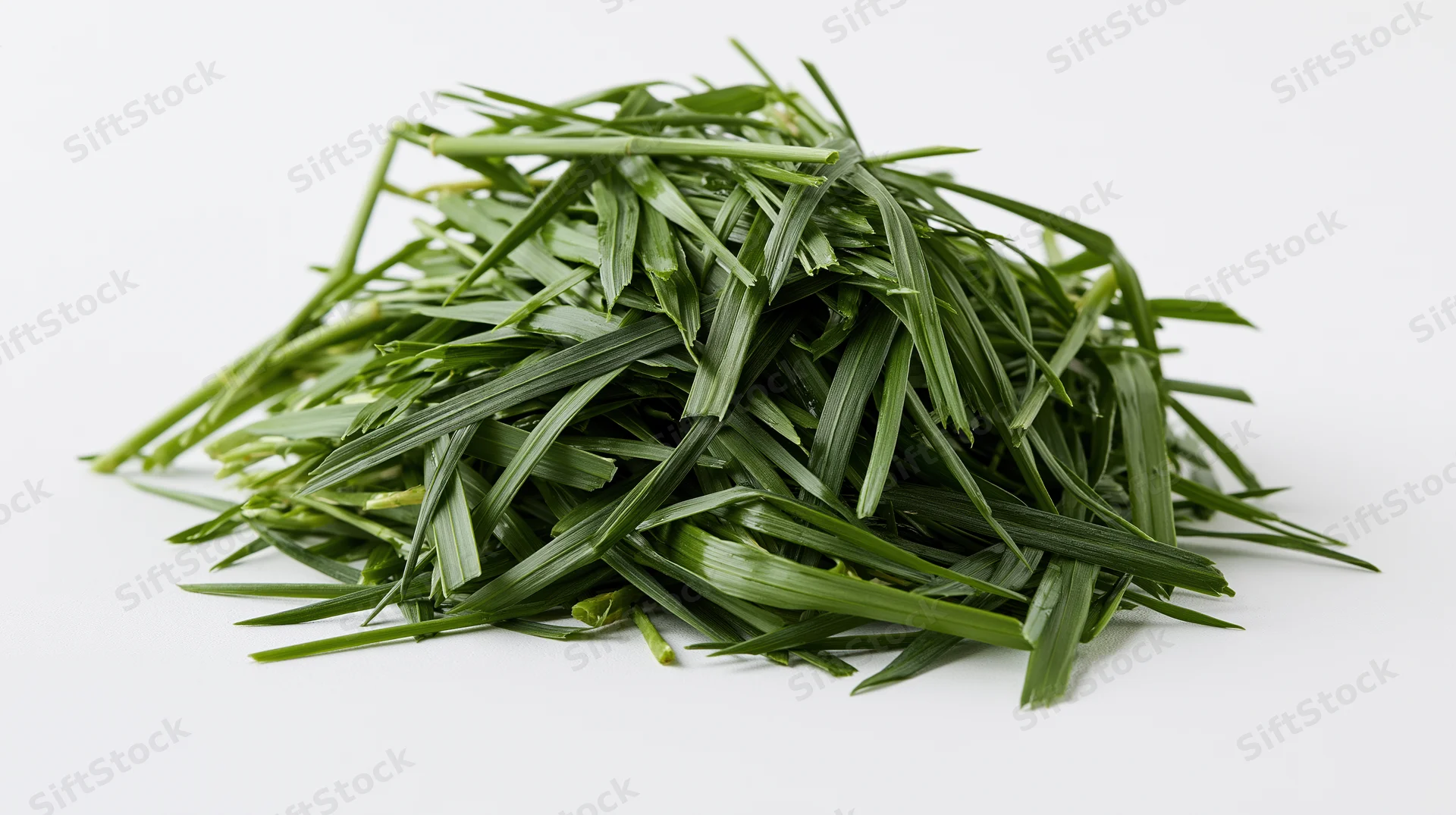 A pile of freshly cut green grass blades heaped on a white surface