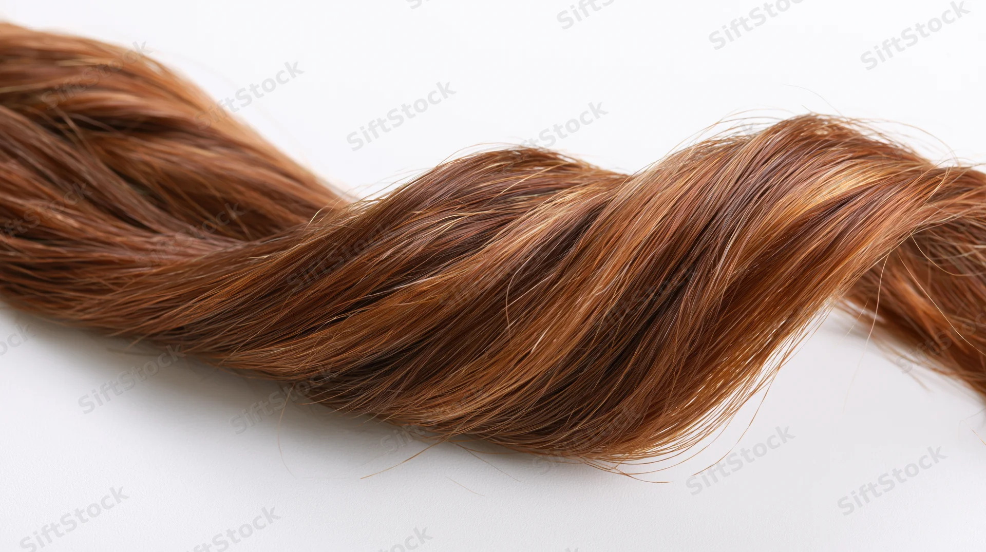Twisted strand of medium-brown hair with caramel highlights on white background