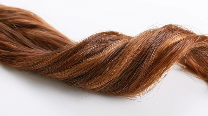 Twisted strand of medium-brown hair with caramel highlights on white background