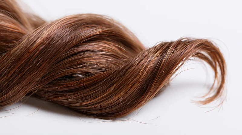 Closeup of a twisted strand of medium-brown hair with caramel highlights on white background