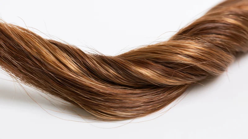A loose twisted strand of medium-brown hair with caramel highlights on white background