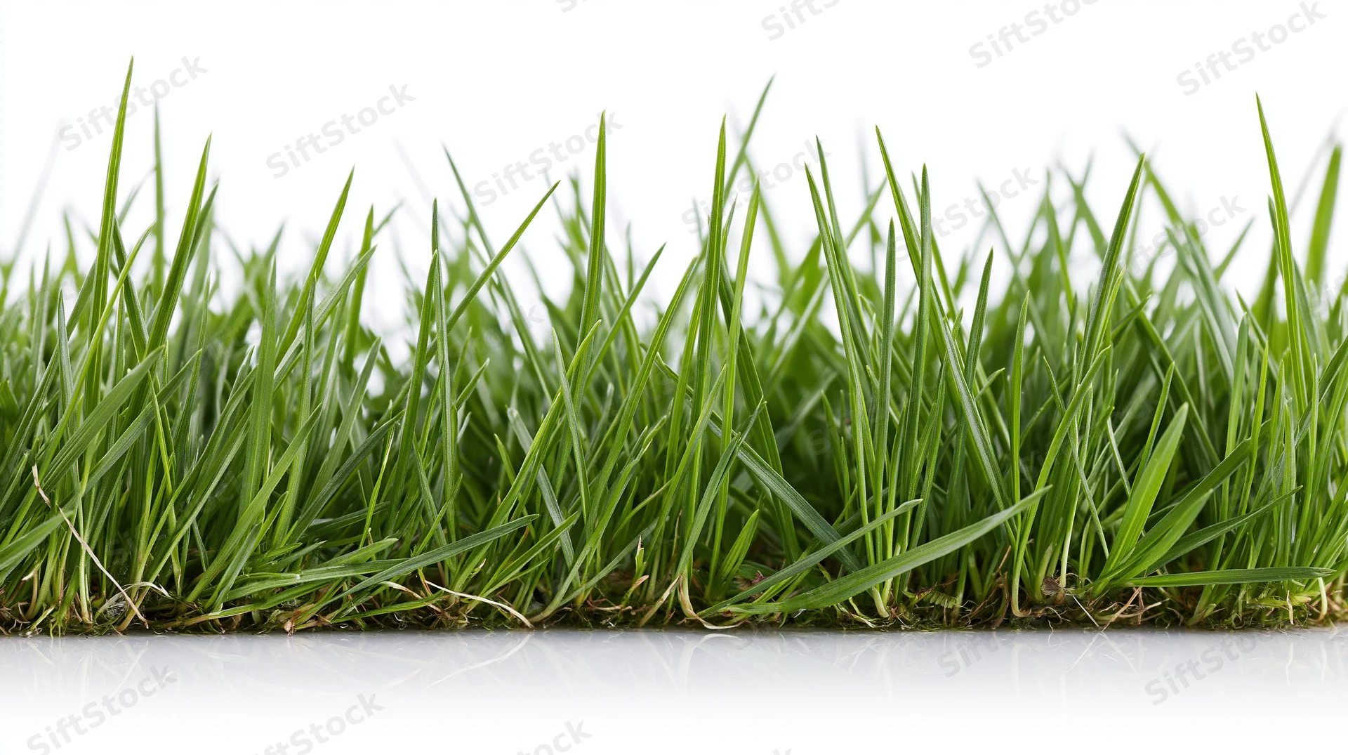 Closeup of fresh green grass blades growing in a dense clump on white background