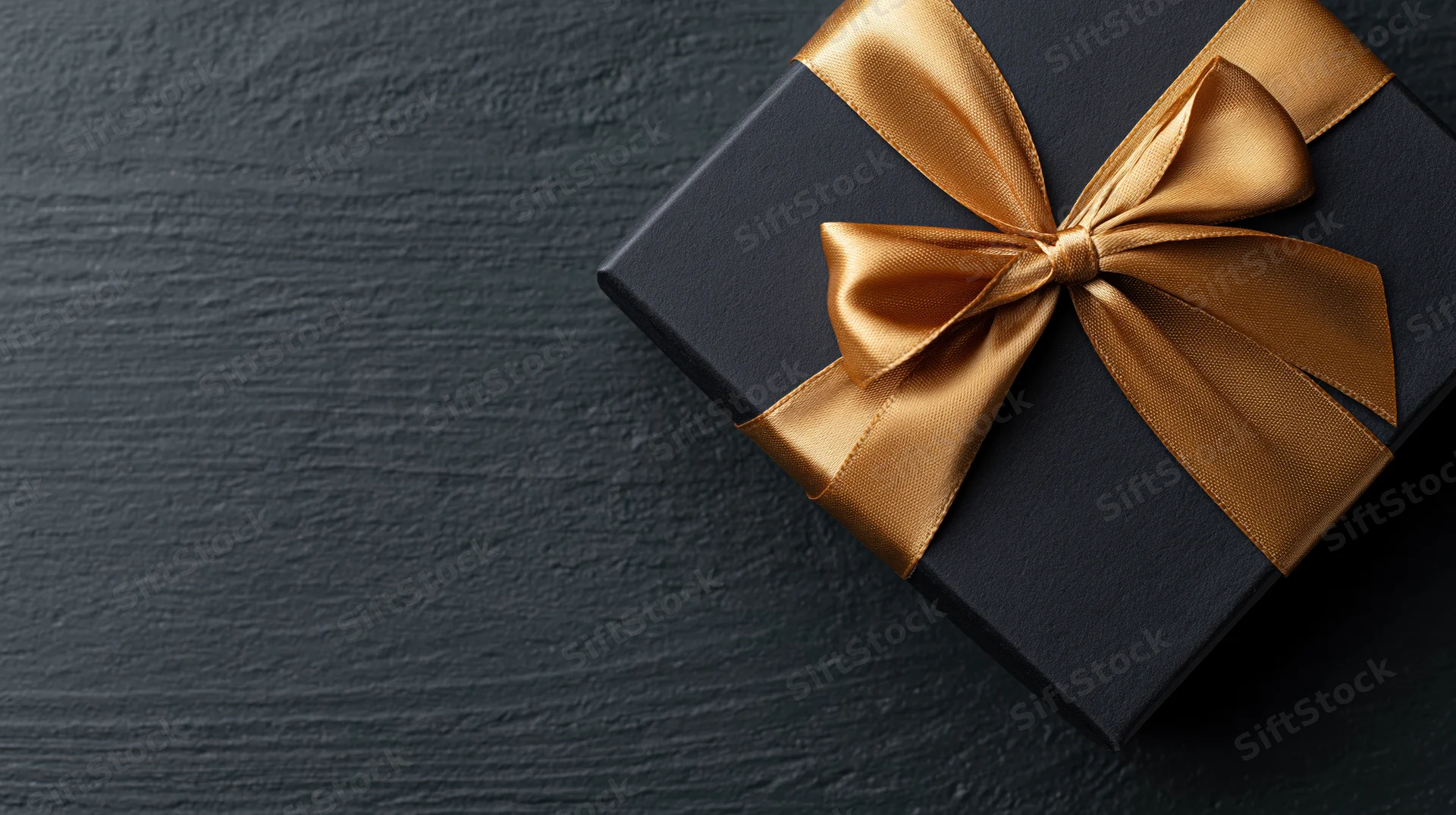 Matte black gift box with gold satin ribbon bow on dark textured surface