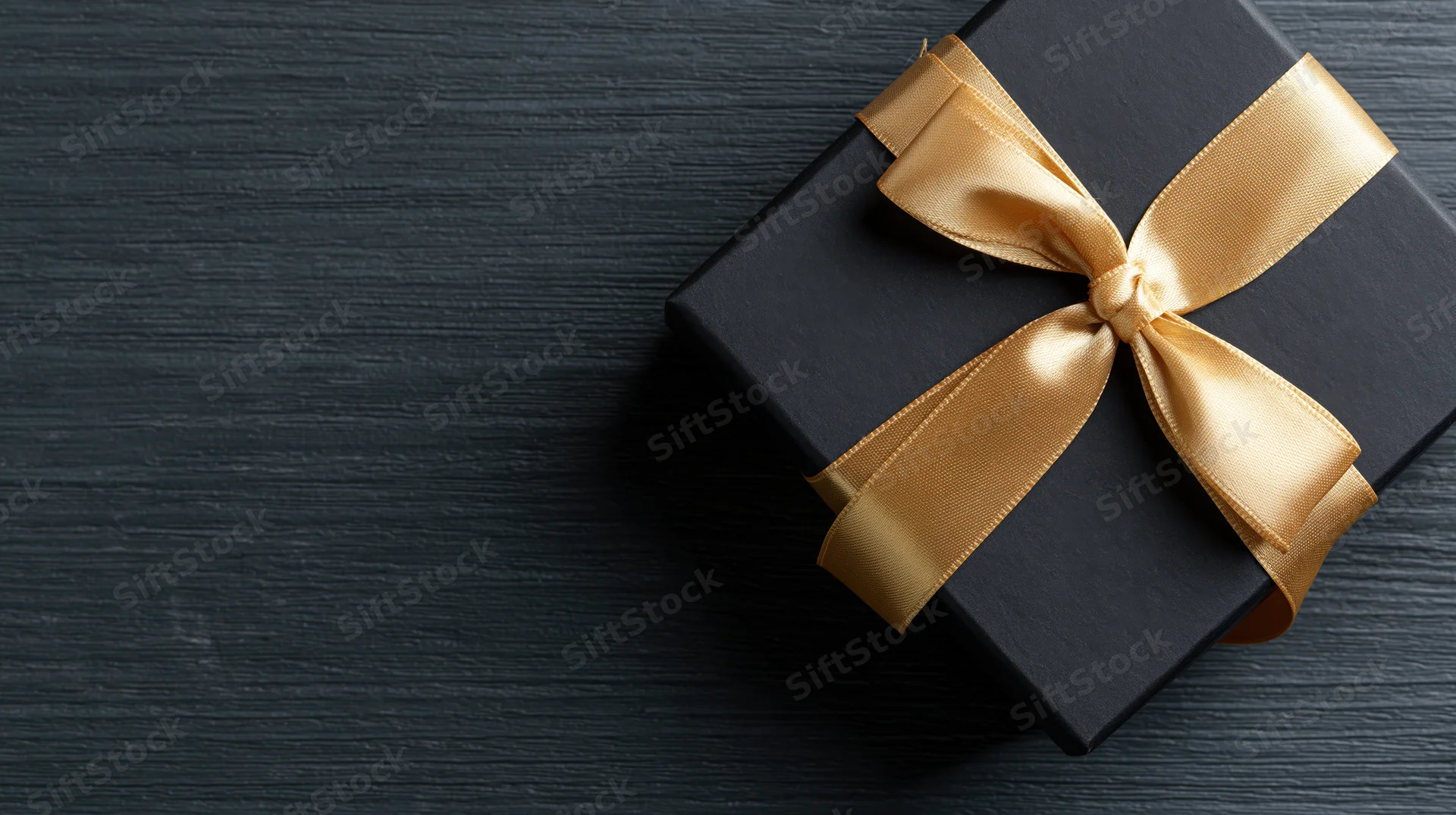 Matte black gift box with gold satin ribbon bow on dark wooden surface
