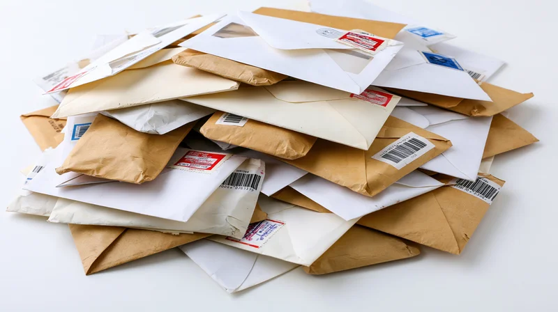 Pile of opened and unopened mail envelopes scattered on white surface