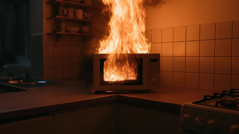 Microwave engulfed in flames on kitchen countertop