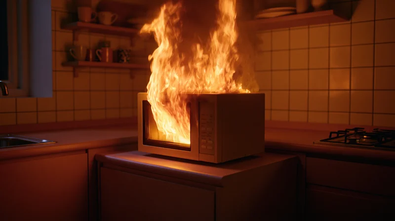 Microwave engulfed in flames on kitchen countertop