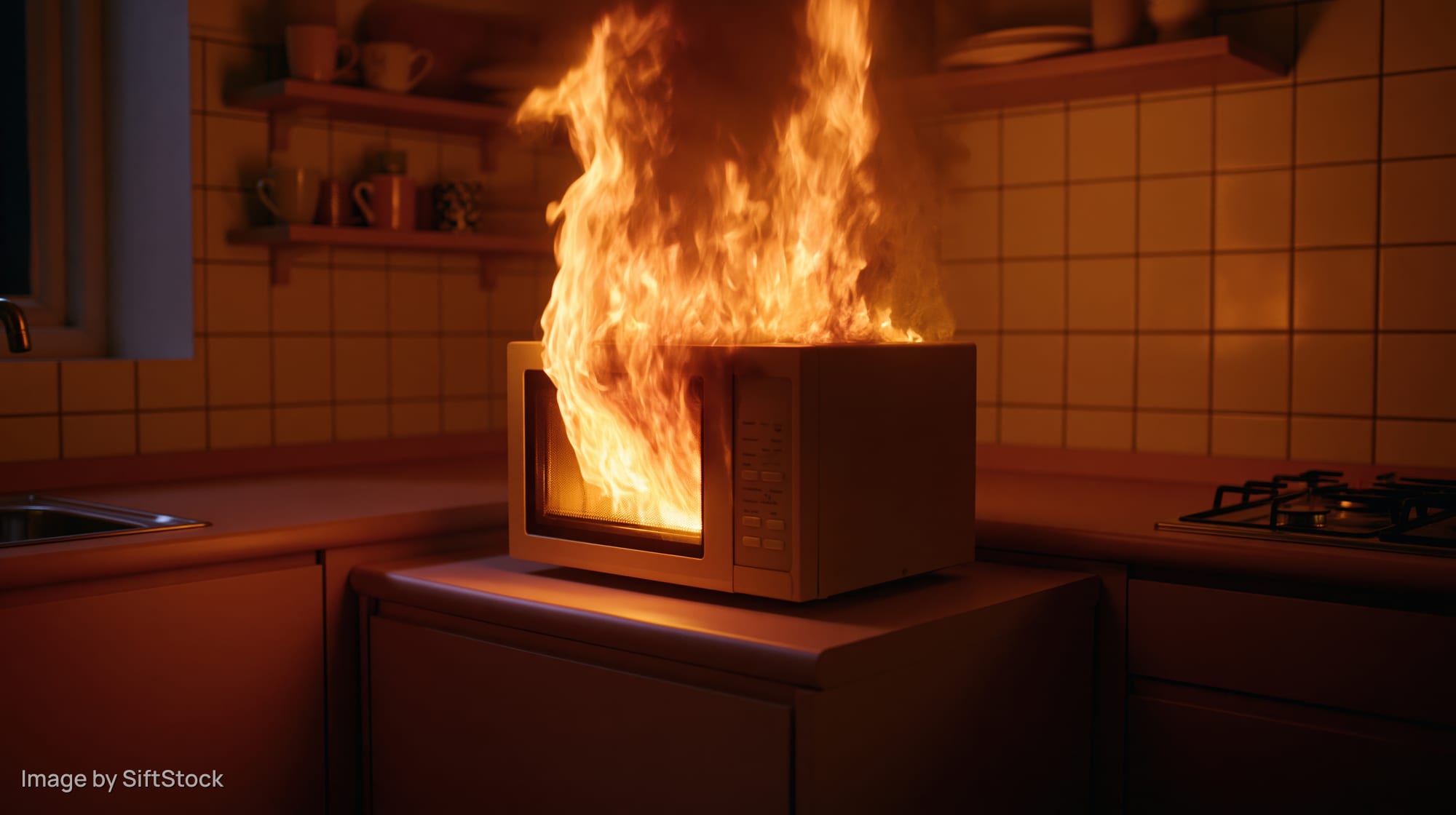 Microwave engulfed in flames on kitchen countertop