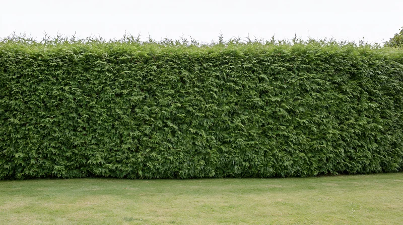 Neatly trimmed tall green hedge running along a grassy lawn in a garden setting