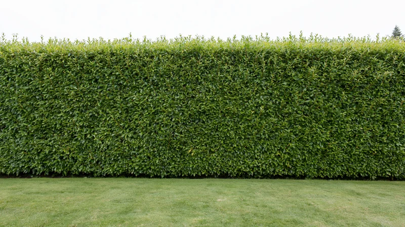 Tall neatly trimmed green hedge running along a grassy lawn in a formal garden setting