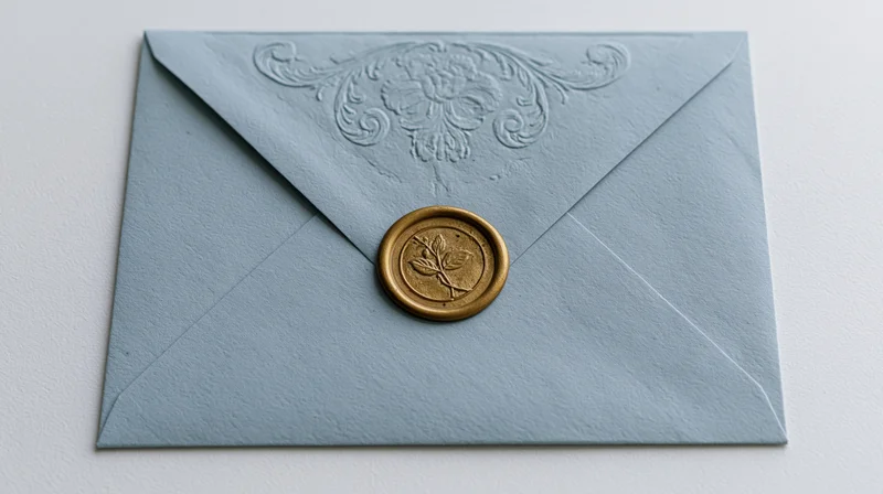 Pale blue-grey formal envelope sealed with round gold wax seal featuring embossed floral design on white surface