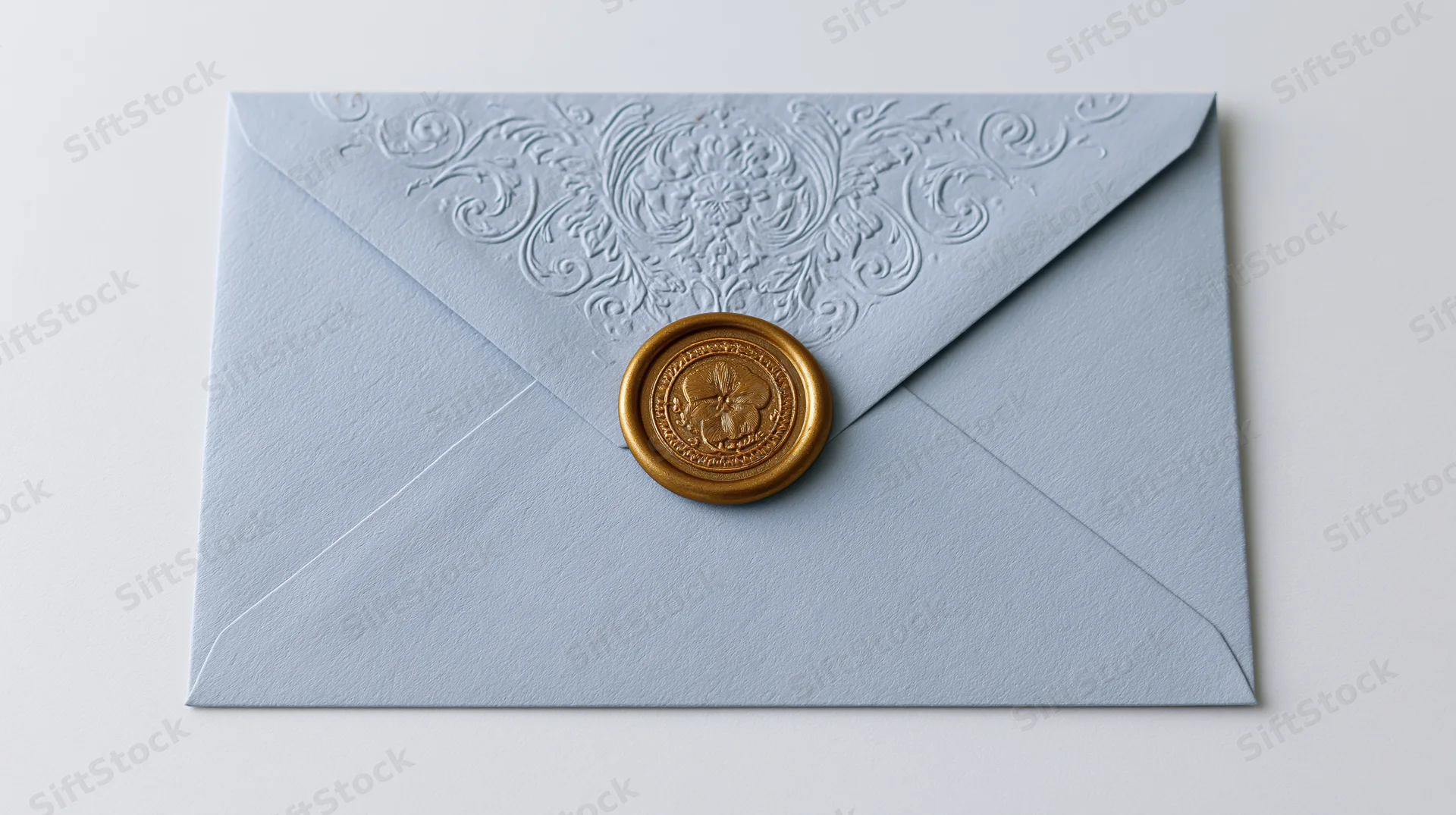 Pale blue formal envelope with embossed pattern and gold wax seal on white background