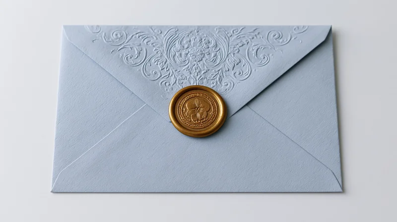 Pale blue formal envelope with embossed pattern and gold wax seal on white background