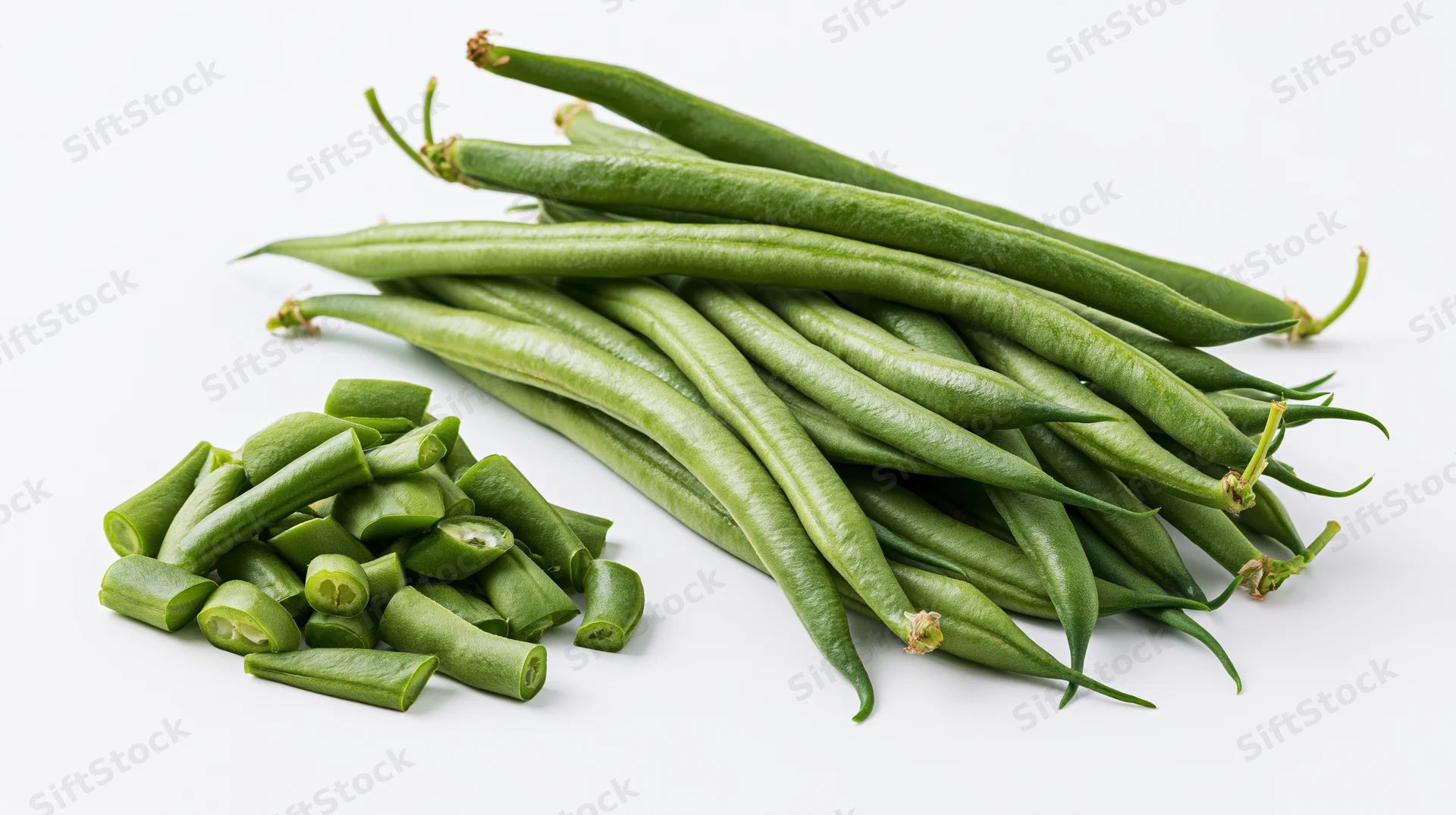 Whole and chopped green beans arranged on a white surface