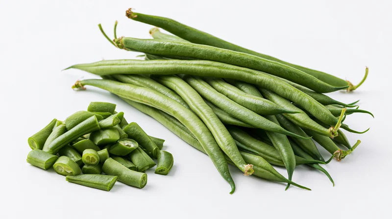 Whole and chopped green beans arranged on a white surface