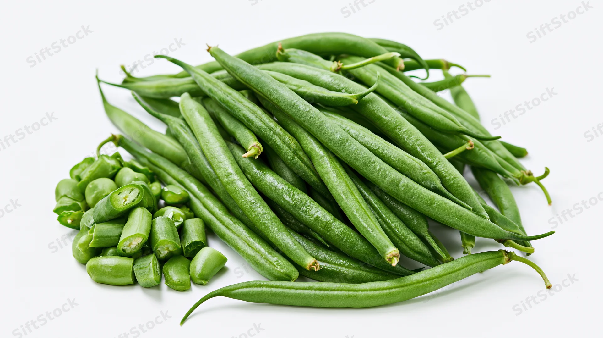 Whole and sliced green beans arranged in piles on a white background