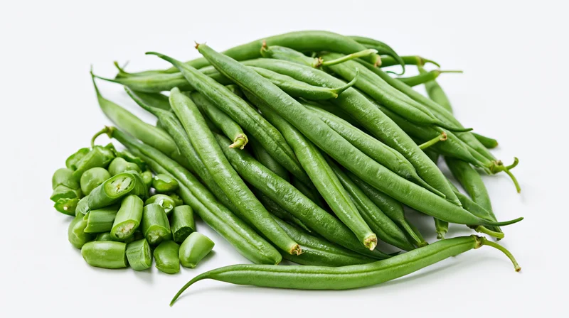 Whole and sliced green beans arranged in piles on a white background