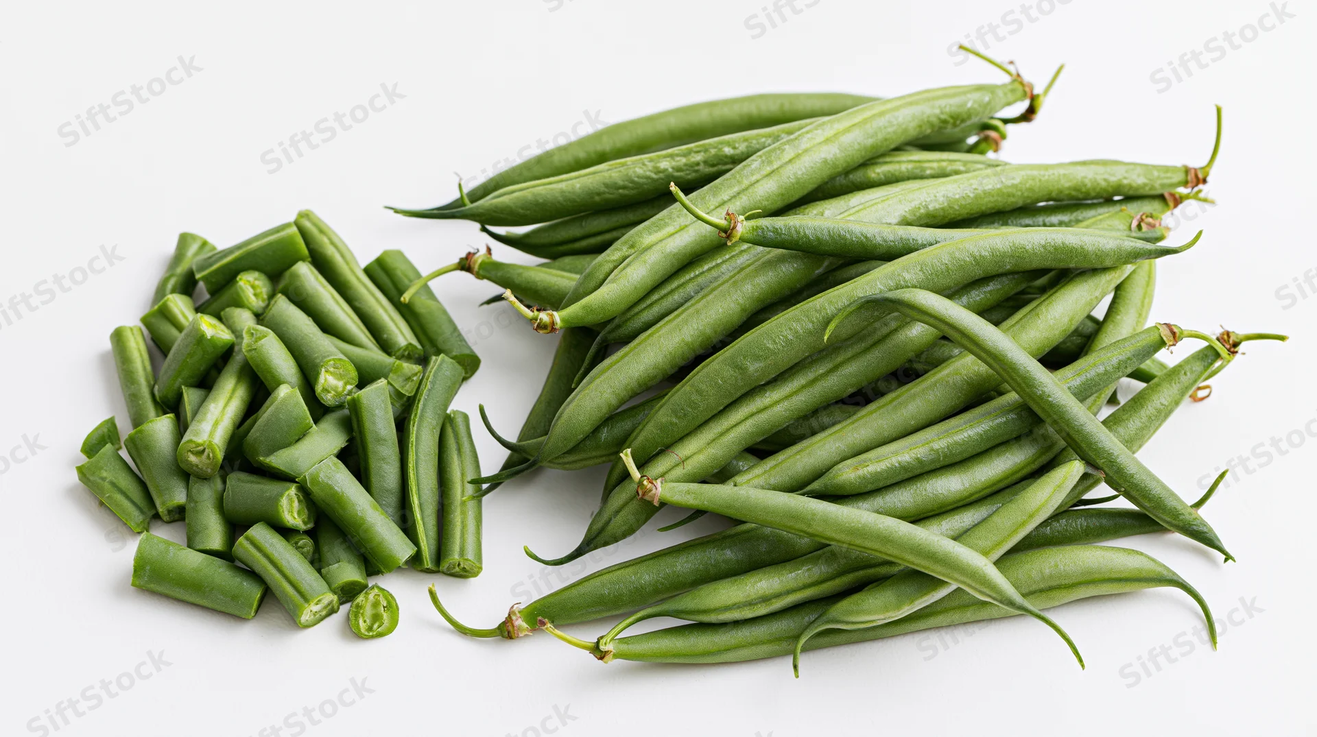Whole and cut green beans arranged side by side on a white surface