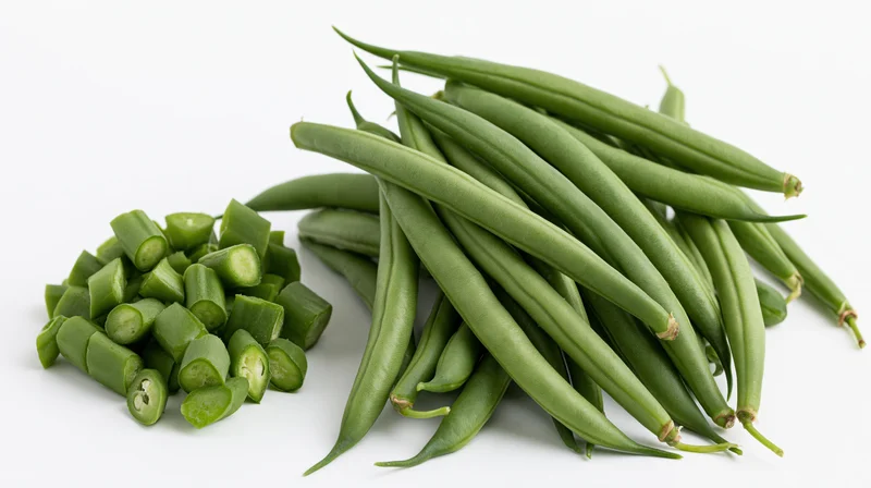 Whole and chopped green beans arranged on a white surface