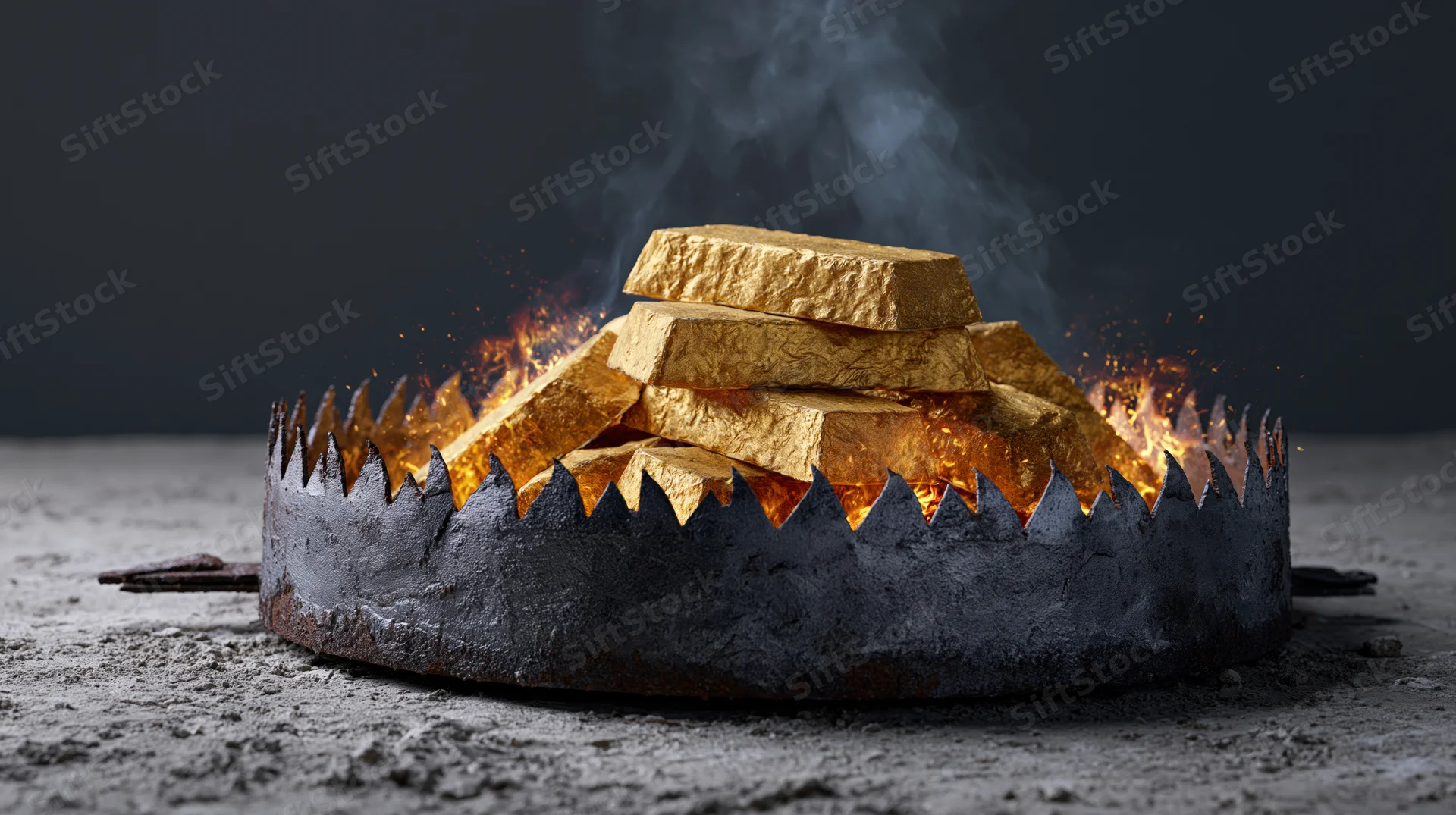 Gold bars stacked inside an open steel bear trap with flames and smoke rising from the pile